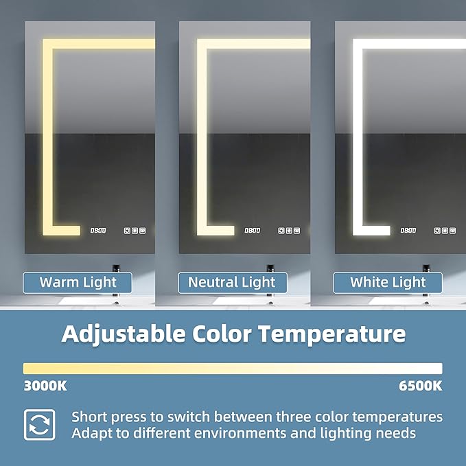 LED Medicine Cabinet Mirror, 24x30 Inch Bathroom Storage, Recessed/Wall Mount, Plug-in/Hardwired, 3 Color Dimmable Light, Anti-Fog, Time Temp Display, Right Hinge