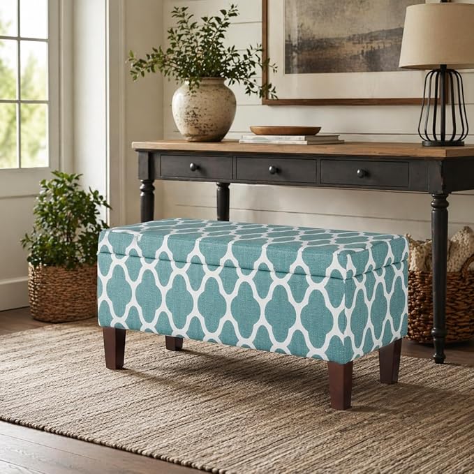 HomePop Large Upholstered Rectangular Storage Ottoman Bench with Hinged Lid, Teal Geometric