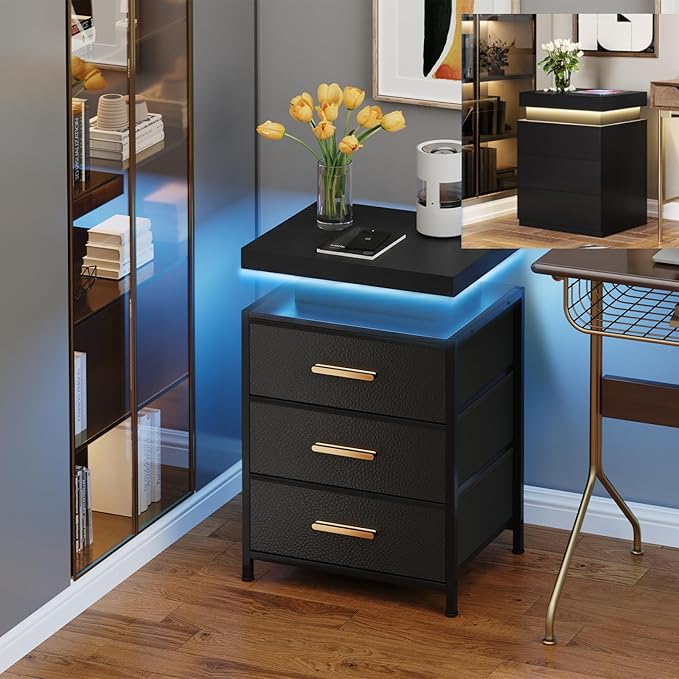 DreamDashio Night Stand with APP Control LED Lights, 3 Fabric Storage Drawers with PU Finish, Floating Top Design, Bedside Table with Open Shelf, End Table for Bedroom, Living Room, Office (Black)