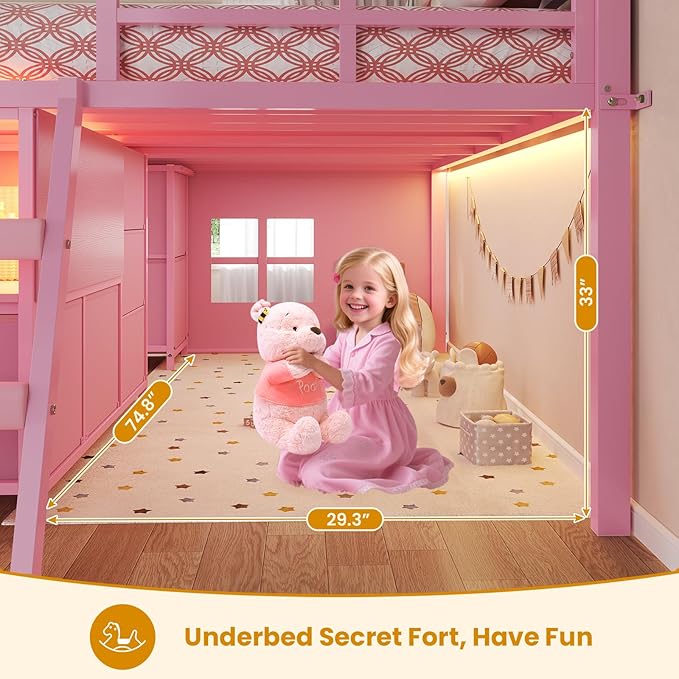 ADORNEVE Low Loft Bed Full Size with 7 Storage Drawers, Bookcase and LED Lights, Metal Kids Loft Bed with 14" H Safety Guardrail,Inclined Ladder and Play Curtain, Under-Bed Play Space, Pink