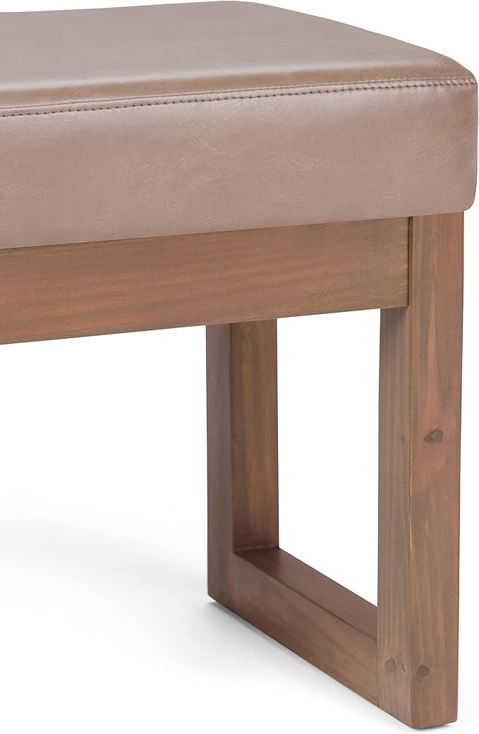 SIMPLIHOME Milltown Small Ottoman Bench - 27" Wide x 18" High Upholstered Vegan Leather Rectangle Footstool Ottoman in Ash Blonde, Contemporary Bench for Living Room with Cushioned Seat, Assembled