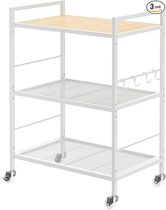 3-Tier Metal Storage Rack with Industrial Wheels,Mesh Shelving Unit with Wooden Table top,Adjustable Shelf,23.6-Inch Width,15.8-Inch Depth, for Kitchen, Laundry,Pantry,Plant,white