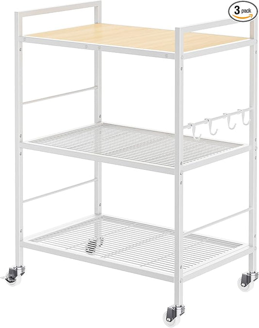 3-Tier Metal Storage Rack with Industrial Wheels,Mesh Shelving Unit with Wooden Table top,Adjustable Shelf,23.6-Inch Width,15.8-Inch Depth, for Kitchen, Laundry,Pantry,Plant,white