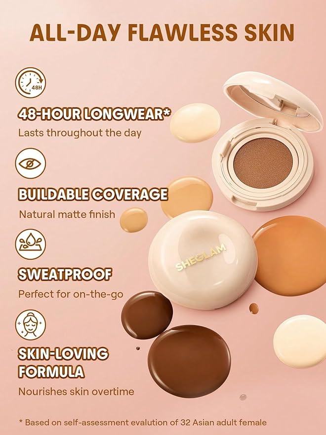 SHEGLAM Lock & Go Long-Lasting Cushion Foundation Soft Matte Weightless Waterproof for Flawless Base Makeup-Almond