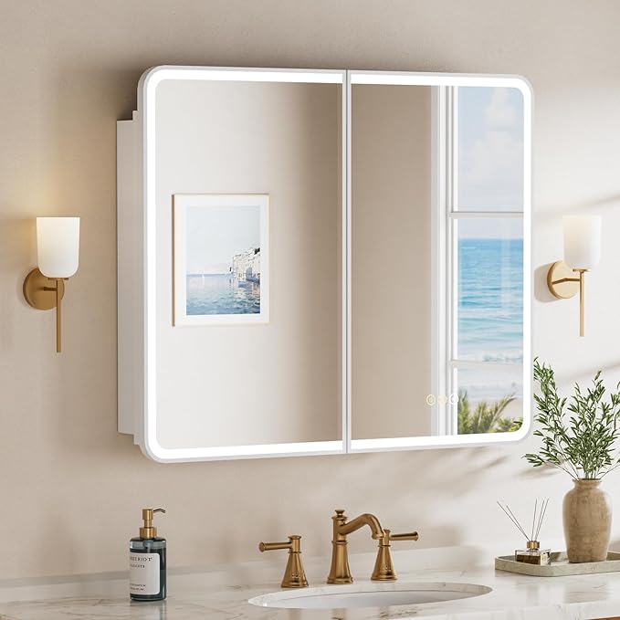 36x30 Inch Medicine Cabinet with Mirror, Recessed or Surface Mount Bathroom Medicine Cabinet with LED Lights, Anti-Fog, Memory Function, Adjustable Shelf, Dimmable Light, ETL Listed, White