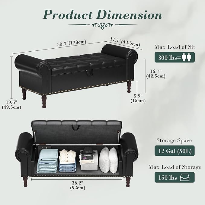 Apicizon 51” Bench with Storage, Queen Size Faux Leather End of Bed Bench with Tufted Button, Ottoman Bench with Rolled Arms & Vintage Rivets for Foot of Bed, Living Room, Entrance, Black