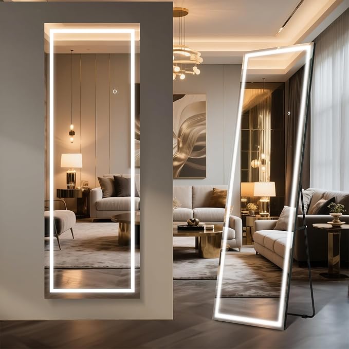 Kosmonia 63x24 Frameless Full Length Mirror, Dimmable 3 Color LED Light w/Memory Function, Distortion Free, HD Reflection & Anti Desilvering, Tempered Glass, Easy Setup w/Stand, Wall/Standing