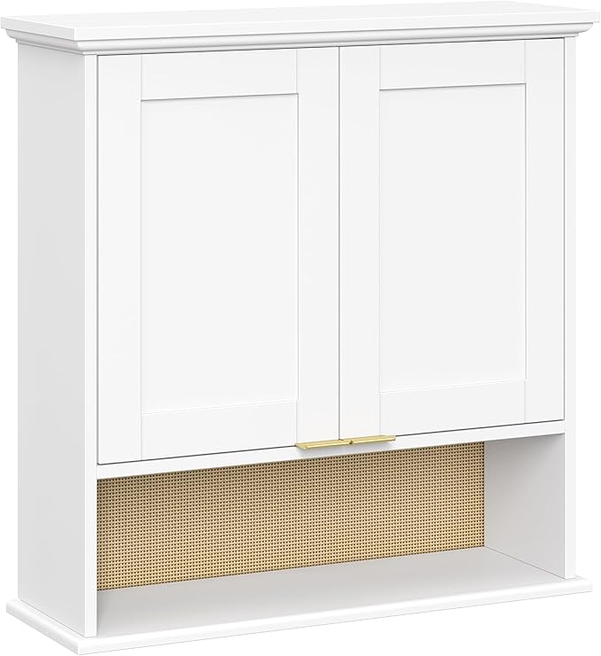 RiverRidge Shorewood Two-Door Bathroom Storage Over the Toilet Wall Medicine Cabinet with Woven Rattan Backboard, Adjustable Shelving, Soft-Close Hinges, Wall-Mounted - White