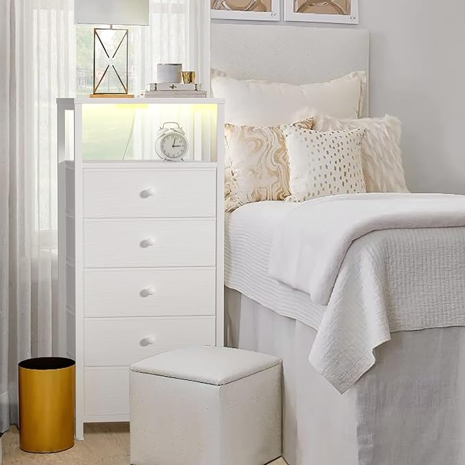 BOLUO White Dresser with 5 Drawers Tall Nightstand with Charging Station and LED Light, Bedside Table Room Storage Drawers Closet