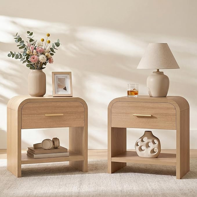 Night Stand Set of 2 [Unique Curved Profile] [FSC-Certified Wooden Board] 1-Drawer and 1 Storage Shelf Nightstand 24" H Metal Handle Modern Bedside Table Side Table End Table for Bedroom