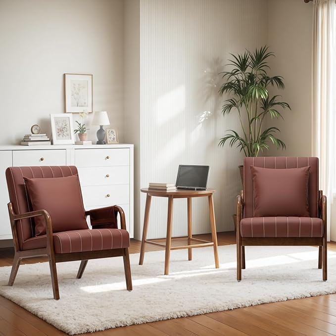 HOMMPA Mid-Century Modern Accent Chair Set of 2, Comfy Reading Armchair with Solid Wood Frame & Lumbar Pillow, Upholstered Linen Lounge Chair with Side Pocket for Living Room, Bedroom,Balcony (Brown)