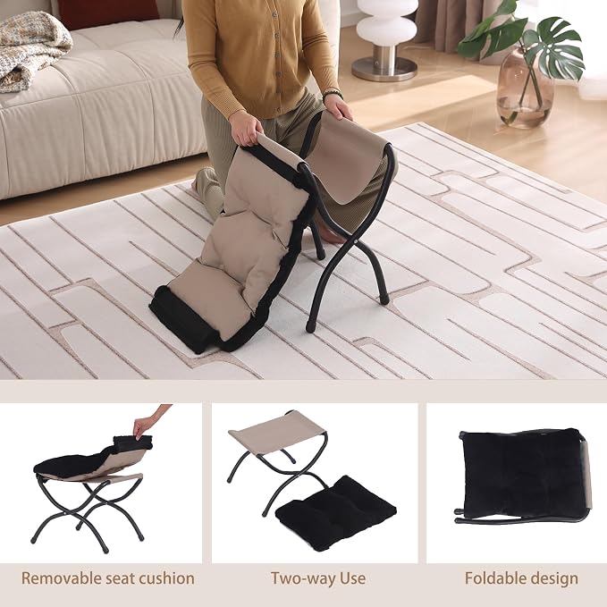 Welnow Folding Foot Stool, Upholstered Small Accent Ottoman with Detachable Thick Cotton Cushion Padded Sofa Stool and Metal Frame for Lazy Chair, Living Room, Bedroom, Plush Black