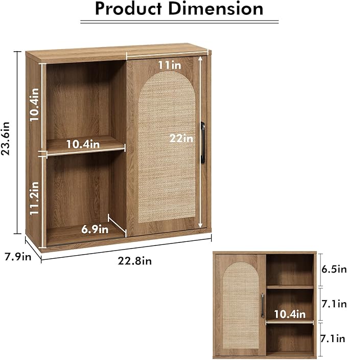 RUSTOWN Boho Rattan Wall Cabinet, Mid Century Bathroom Cabinet with Sliding Door, Adjustable Shelves, Over The Toilet Storage Cabinet (Rustic Oak)