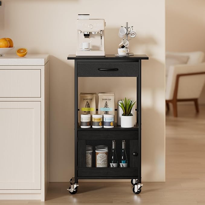 SWTYMIKI Buffets Coffee Bar Cabinet - Rolling Kitchen Rack, Farmhouse Small Coffee Stand with Storage Drawer and Door Cabinet - Kitchen Microwave Stand for Apartment, Living Room, Entryway, Black