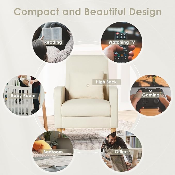 COLAMY Mid-Century Modern Upholstered Accent Chair with Back Pillow & Solid Wood Legs, Fabric Cozy Armchair for Living Room, Bedroom, Reading Nook, Apartment & Small Spaces, White