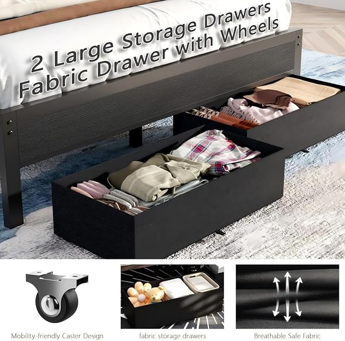 Furnulem Twin Bed Frames with Charging Station and LED Lights, Grey Upholstered Headboard with Shelves, Metal Platform Bed with 2 Under-Bed Storage (Fabric Drawer on Wheels), No Box Spring Needed