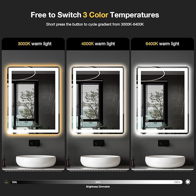 28x36 LED Bathroom Mirror with Front and Backlight, Anti-Fog, Dimmable, Lighted Bathroom Vanity Mirror for Wall, Shatter-Proof Led Mirror for Bathroom, Tempered Glass(Horizontal/Vertical)