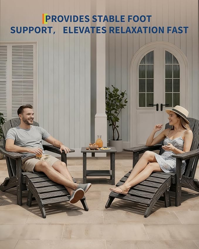 Garvee Folding Adirondack Ottoman Set of 2, HDPE Outdoor Footrest for Adirondack Chair, All-Weather Resistant for Deck Backyard Patio Outside Poolside Porch Lawn - Grey