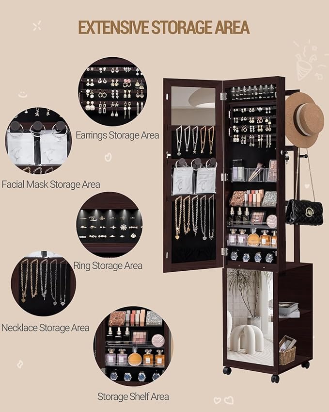 Hzuaneri 8 LEDs Jewelry Cabinet Armoire, 66.9-inch Jewelry Organizer with Garment Rack, Lockable Full-length Mirror with 4 Wheels, Storage Shelves with Hooks, 5-in-1, Brown JC17019B