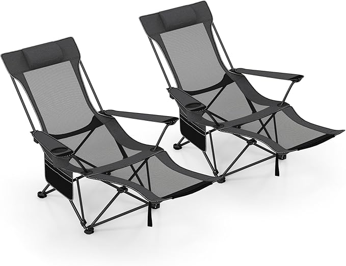 Goplus Camping Lounge Chair w/Detachable Footrest, Folding Beach Chair w/4-position Backrest, Carrying Bag, Removable Pillow, Cup Holder, Storage Pouch, Reclining Chair, 330LBS Capacity (Grey,2)