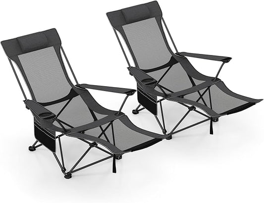 Goplus Camping Lounge Chair w/Detachable Footrest, Folding Beach Chair w/4-position Backrest, Carrying Bag, Removable Pillow, Cup Holder, Storage Pouch, Reclining Chair, 330LBS Capacity (Grey,2)
