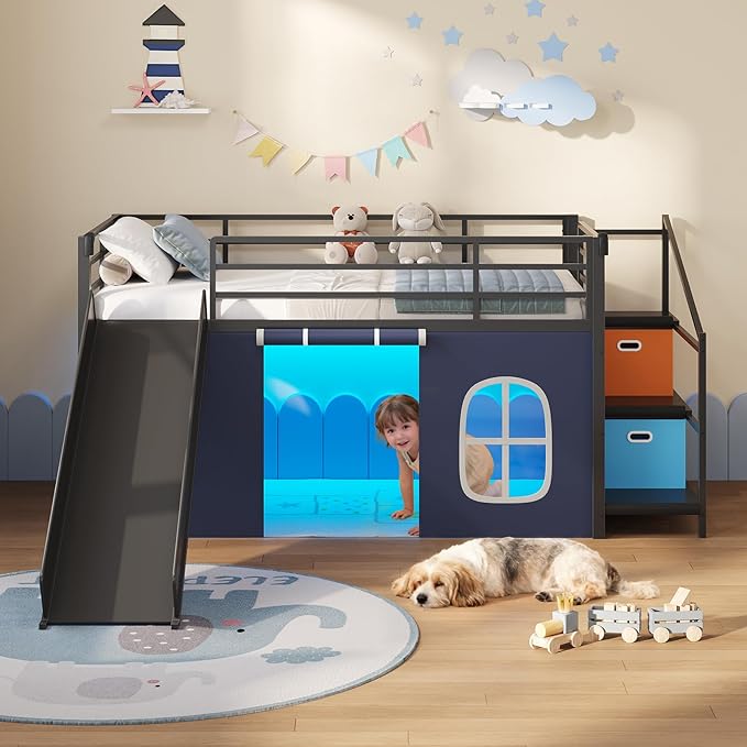 DICTAC Low Loft Bed with Slide,Storage Stairway and Led Lights Metal Twin Size Loft Bed with Under-Bed Play Space,Art Table & Play Curtain Twin Beds with 2 Drawers and 13.8''H Safety Guardrail,Black