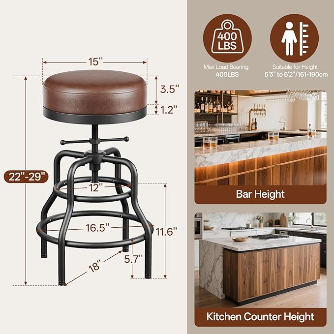 Raynesys Adjustable Height Swivel Bar Stool, 22-29 Inch Industrial Vintage Bar Counter Height Stool with Thicken Premium Bonded Leather Seat & Updated Footrest, Easy Assembly, Brown