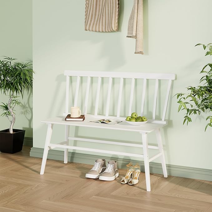 APRTAT Bamboo Entryway Bench, Farmhouse Dining Bench with Spindle Back 3 Person Indoor Bench Chair Wood Windsor Bench Easy Assembly for Foyer Balcony Hallway Living Room (White)