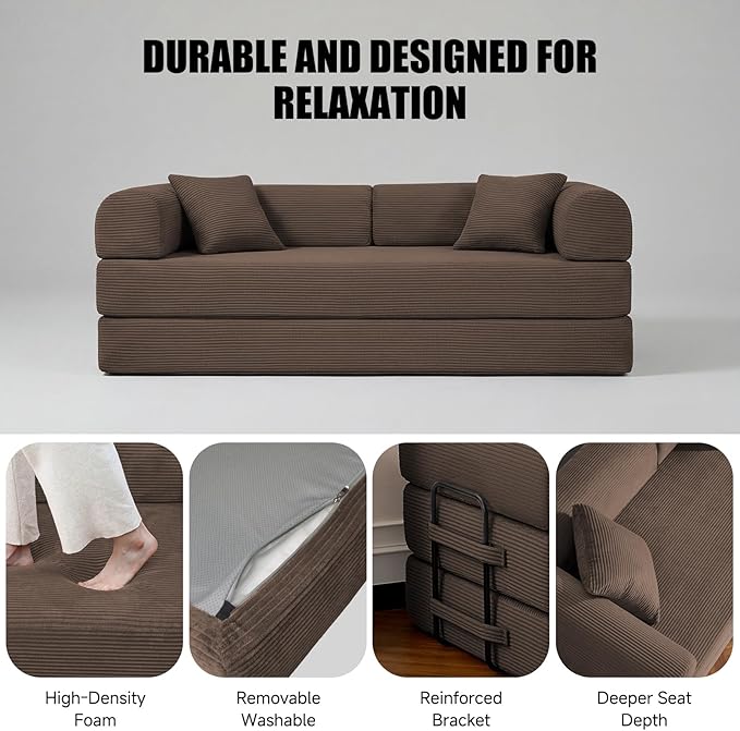 79" Compressed Sofa, Convertible Sofa Bed, Corduroy Compression Boneless Couch with Pillow, Comfy Modular Foldable Floor Sleeper Sofa for Bedroom, Living Room, Lounge, Studio (Brown)