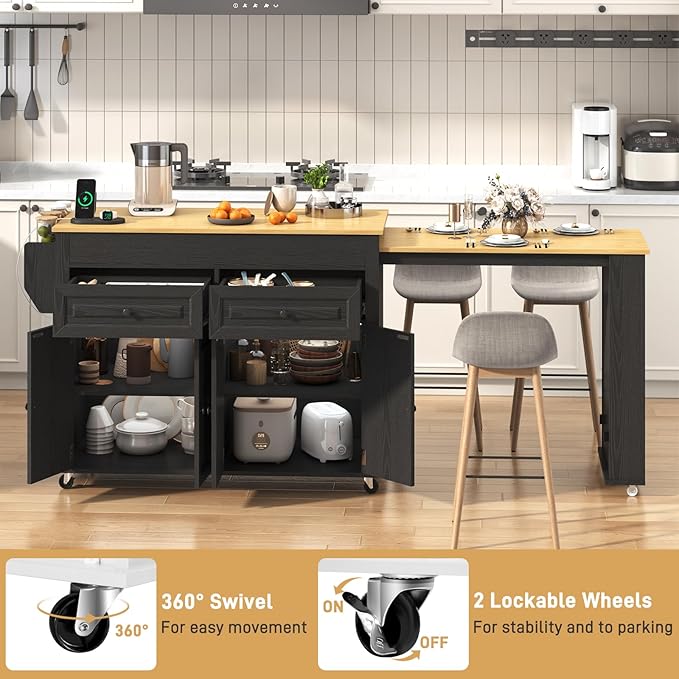 80"-48" Extendable Kitchen Island with Extended Dining Table and Power Outlet,Large Mobile Kitchen Storage Islands with 2 Storage Drawers,Rolling Islands Cart with 3 Extra Rows Open Shelves(Black)