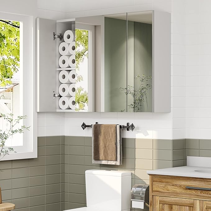 DICTAC Bathroom Medicine Cabinet with Mirrors 31.5x23.62 Inch Storage Cabinet with Mirror Wall Mounted Bathroom Mirror with Adjustable Storage Shelves and 3 Doors Mirror Medicine Cabinets for bathroom