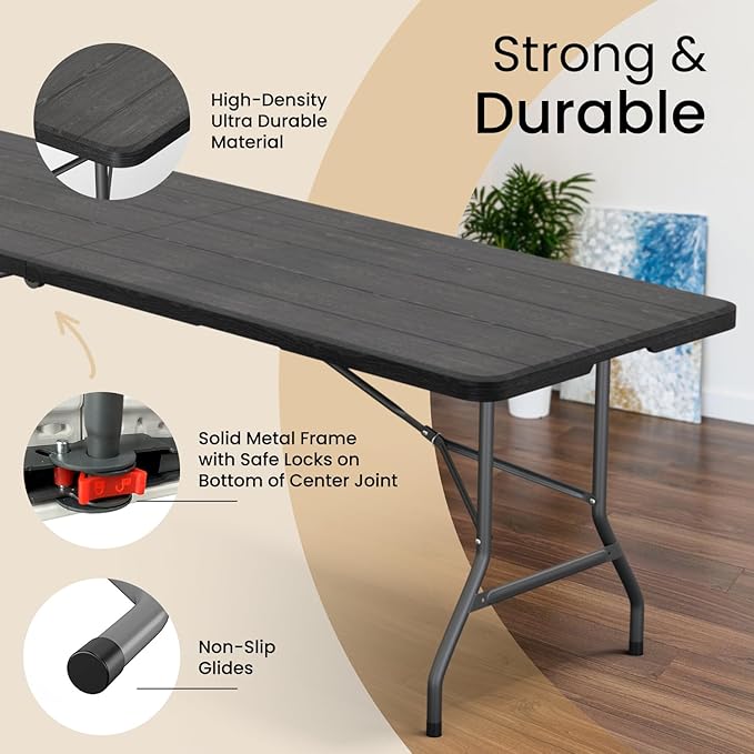 Our Modern Space 8 Feet Foldable Table with Built in Handle & Steel Legs | Heavy Duty Portable | Perfect for Party, Dining, Wedding, Events, Picnic Indoor, Outdoor, Camping, Utility, Temporary