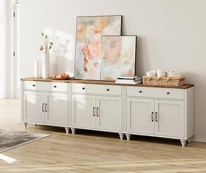 WAMAPT Buffet Cabinet with 6 Doors and 3 Drawers, Large Coffee Bar Table Wood Kitchen Storage Cabinets, Modern Farmhouse Sideboard Credenza for Dining Room, White, 101 inch