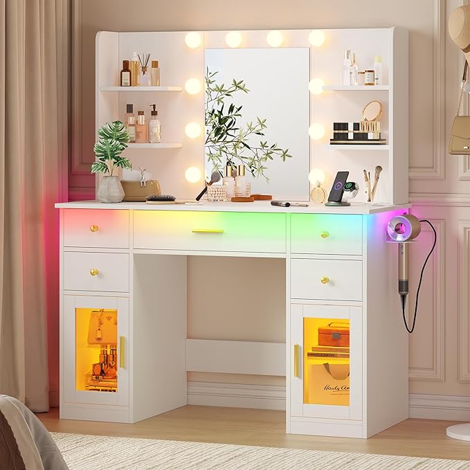Vanity Desk with Mirror and Lights, Charging Station, Makeup Vanity with 5 Drawers & 4 Open Storage Shelves, White Vanity Table with RGB Cabinets & Hairdryer Holder, Large Dressing Table for Women