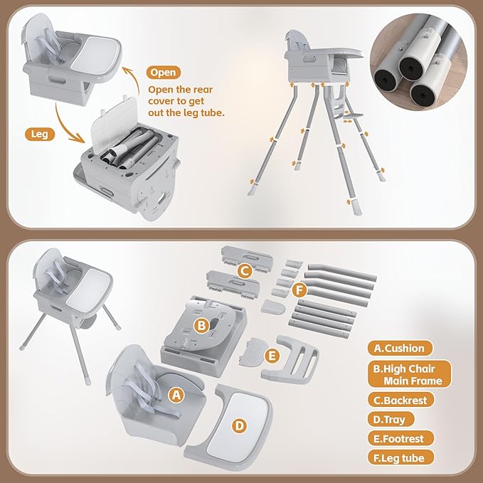 Baby High Chair for 6 Months+, Foldable High Chairs for Babies and Toddlers, Convertible High Chair, Adjustable Tray & Footrest, Portable High Chair & Easy to Clean(Gray)