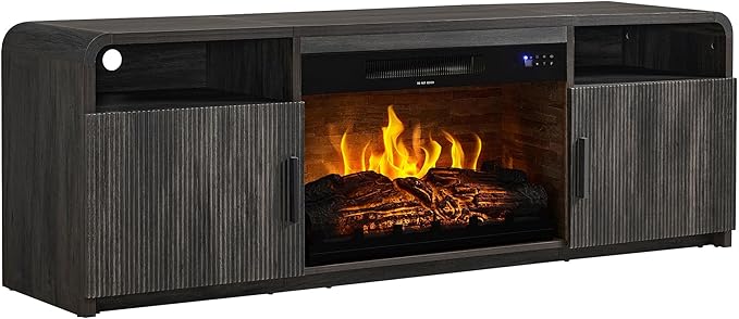AMERLIFE 70" Fluted Fireplace TV Stand for TVs Up to 80", Modern TV Console with 30" Electric Fireplace & Storage Cabinets, Media Entertainment Center for Living Room, Black