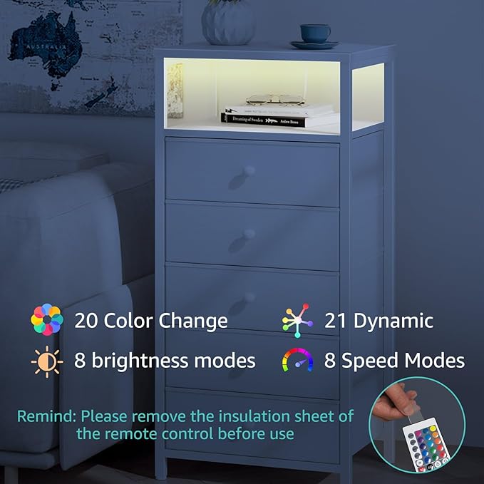 BOLUO White Dresser with 5 Drawers Tall Nightstand with Charging Station and LED Light, Bedside Table Room Storage Drawers Closet