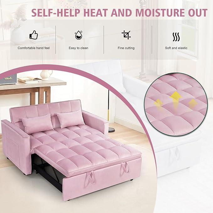 3 in 1 Convertible Sleeper Sofa Bed, 54'' Full Size Velvet Pull Out Futon Couch Recliner with Reclining Backrest & 2 Pillows, Small Loveseat Lounge Couches for Small Spaces (Pink)