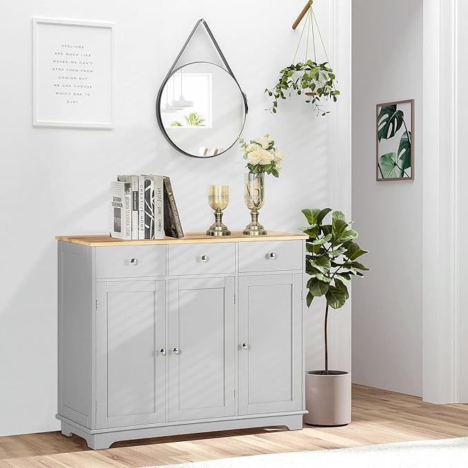 HOMCOM Sideboard Buffet Cabinet with Solid Wood Countertop, Modern Kitchen Storage Cabinet, Coffee Bar Cabinet with 3 Drawers, Doors and Adjustable Shelf, Gray