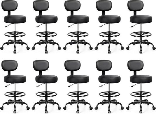 Brick Attic Drafting Chair with Backrest – Adjustable Foot Rest Rolling Stool with Wheels, PU Leather Swivel Stool for Office Spa Studio Lab Counter Salon Home Work Bar Kitchen Shop(Black), Pack of 10