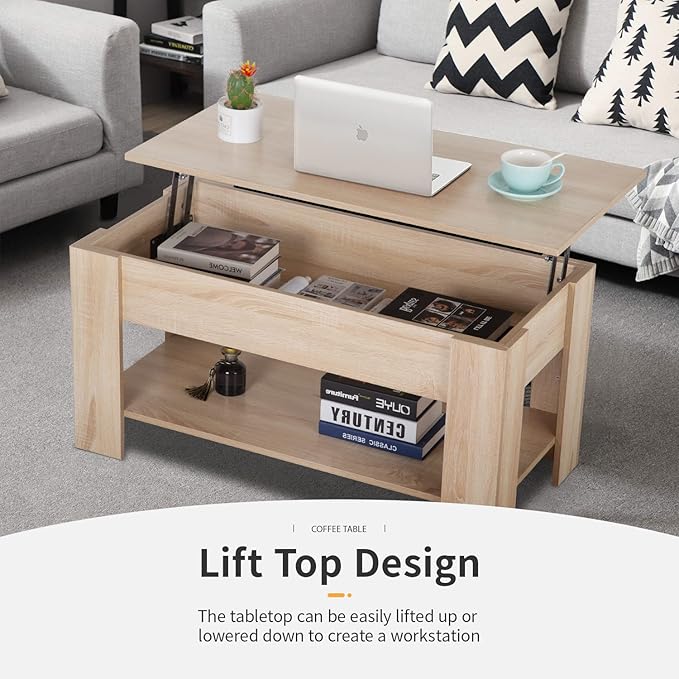 Lift Top Coffee Table with Lift Tabletop Hidden Compartment and Storage Shelf Wooden Living Room Table for Home Reception Room Office,Grey