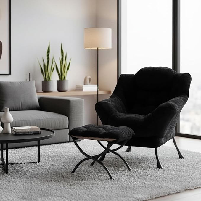 Welnow Lazy Chair with Ottoman, Modern Accent Chair with Armrests and a Side Pocket, Leisure Sofa Armchair, Reading Armchair with Footrest for Small Space, Plush Black