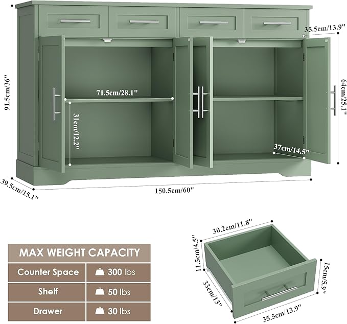 HOSTACK 60" Large Buffet Sideboard with Storage, 36" Tall Kitchen Buffet Storage Cabinet with 4 Drawers, Modern Coffee Bar Cabinet with Silver Handles, Long Sideboard Buffet Table for Kichen, Green