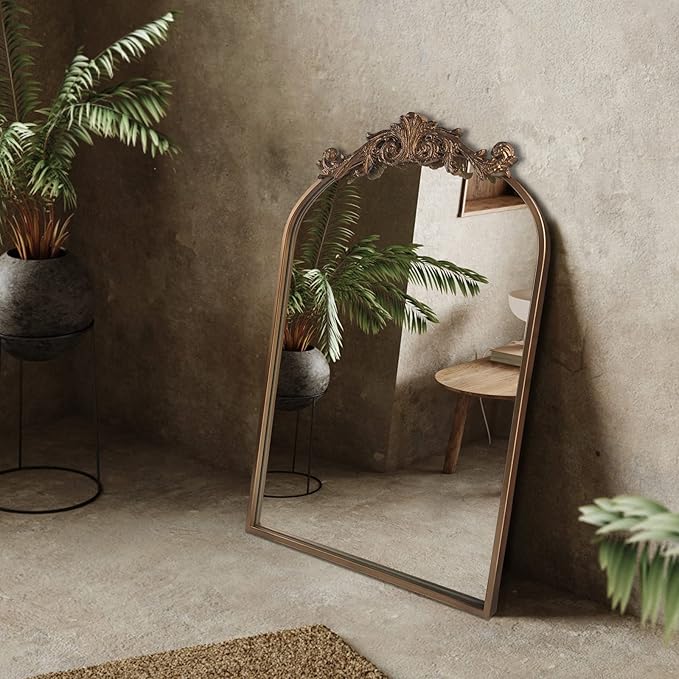 OUSHUAI Gold Traditional Vintage Ornate Baroque Mirror,Gold Brass Mirror for Wall,Victorian Antique Bronze Mirrors Arched for Bathroom/Living Room/Hallway/Fireplace 19"X27"