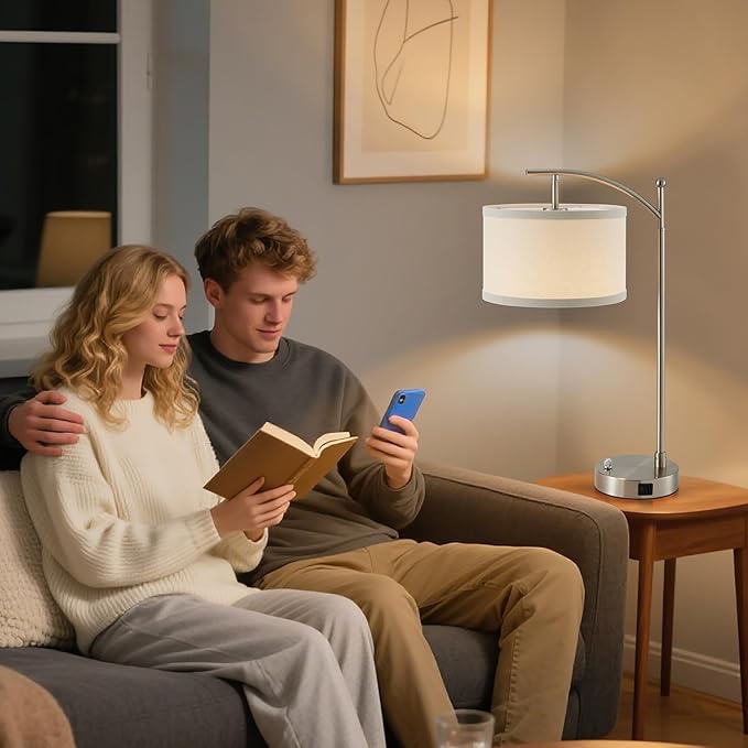 Table Lamp for Living Room Bedroom, 23.5" Table Lamps Set of 2 with USB C+A Ports, Bedside Lamps for Nightstand with Linen Lamp Shades, 2 Dimmable LED Bulbs Included, Silver
