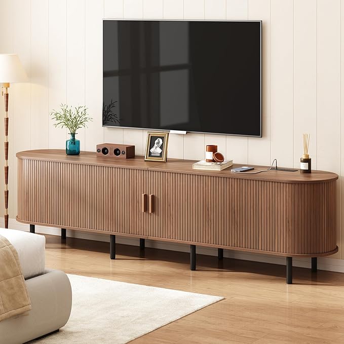 ONBRILL 86.6" TV Stand with Power Outlet for TVs up to 90 Inch, Entertainment Center with Storage and Adjustable Shelves, Modern Media Console with Sliding Doors for Living Room, Walnut