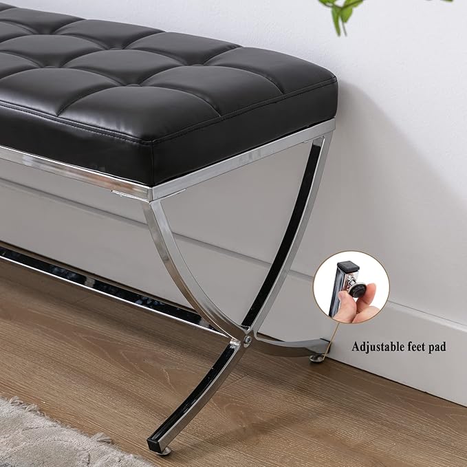 DUOMAY Modern Tufted Ottoman Bench, PU Leather Upholstered Dining Bench, Button Tufted Footrest Stool Vanity Seat with with X Metal Legs, 45.75" W x 16.5" D x 19.25" H, Black