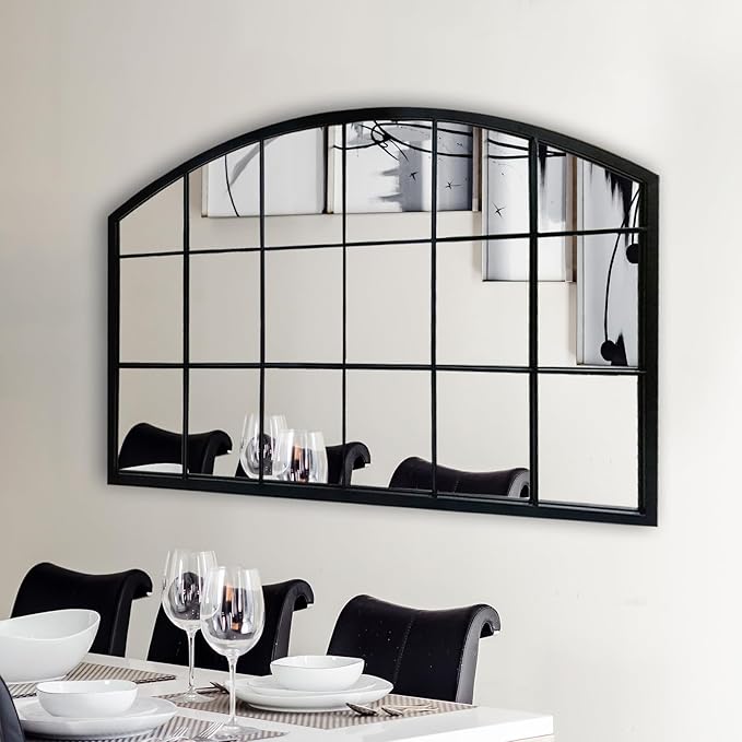 WAMIRRO Black Grid Wall Mirror,Wide Window Pane Black Mirror,Farmhouse Arched Wall Mirror,Mantel Mirror for Fireplace/Entryway/Hallway/Living Room,44“X28”