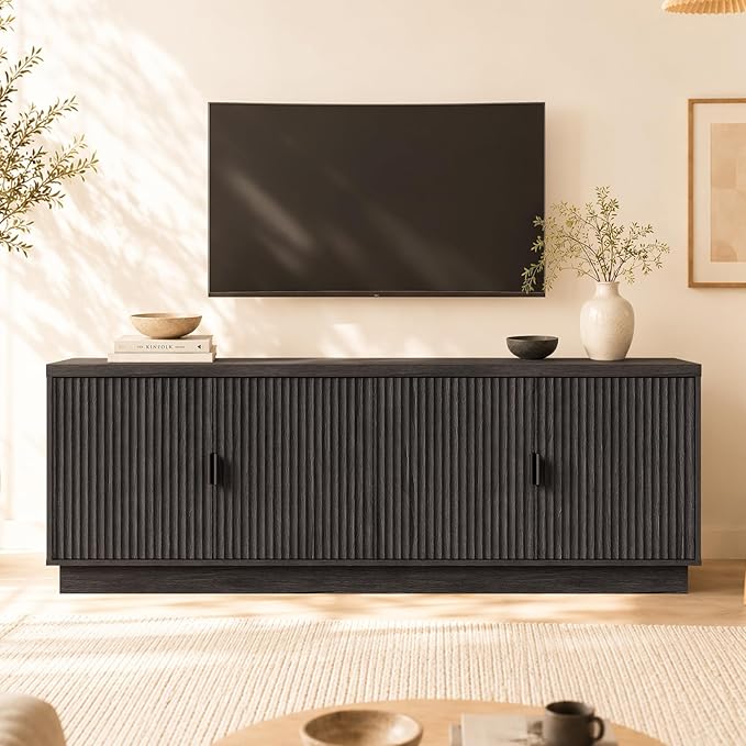 Fatmok 68" TV Stand for 75Inch TV, Entertainment Center with Storage and Adjustable Shelves, Modern Wood Media Console with 4 Fluted Doors for Living Room, Black Grey, Set of 2
