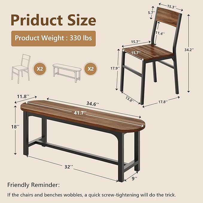 Feonase Dining Chairs and Benches Set of 4, Modern Dining Room Chairs with Ergonomic Backrest, Wood Structure & Metal Legs, for Kitchen, Dining Room, Space-Saving, Easy to Assemble & Clean, Walnut